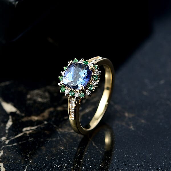 Shop Lc Luxoro AAA Peacock Tanzanite Boyaca Colombian Emerald And Diamond Sunburst Ring In 10K Yellow Gold 1.90 Ctw