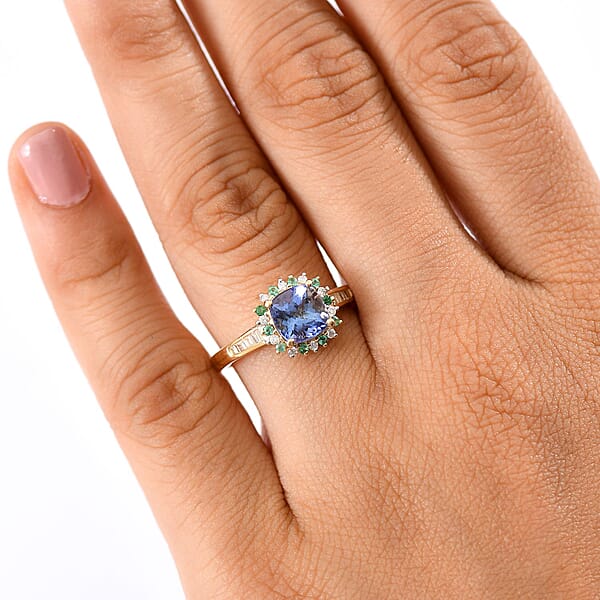 Shop Lc Luxoro AAA Peacock Tanzanite Boyaca Colombian Emerald And Diamond Sunburst Ring In 10K Yellow Gold 1.90 Ctw