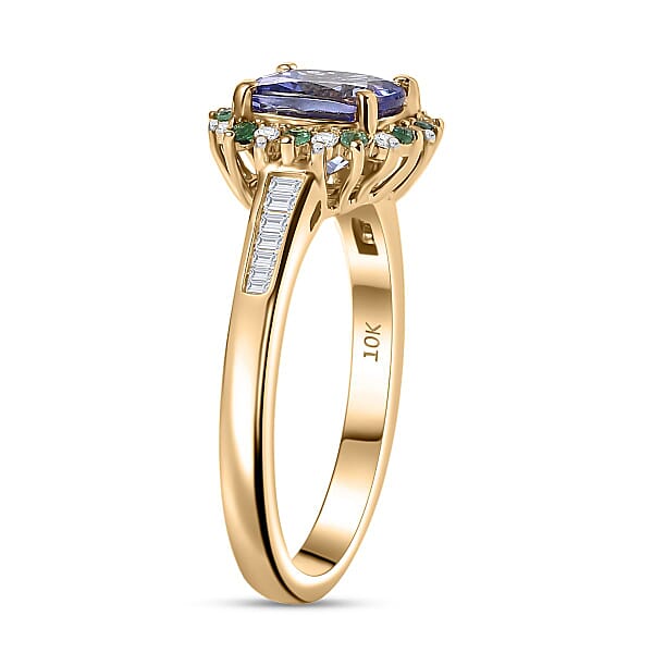 Shop Lc Luxoro AAA Peacock Tanzanite Boyaca Colombian Emerald And Diamond Sunburst Ring In 10K Yellow Gold 1.90 Ctw