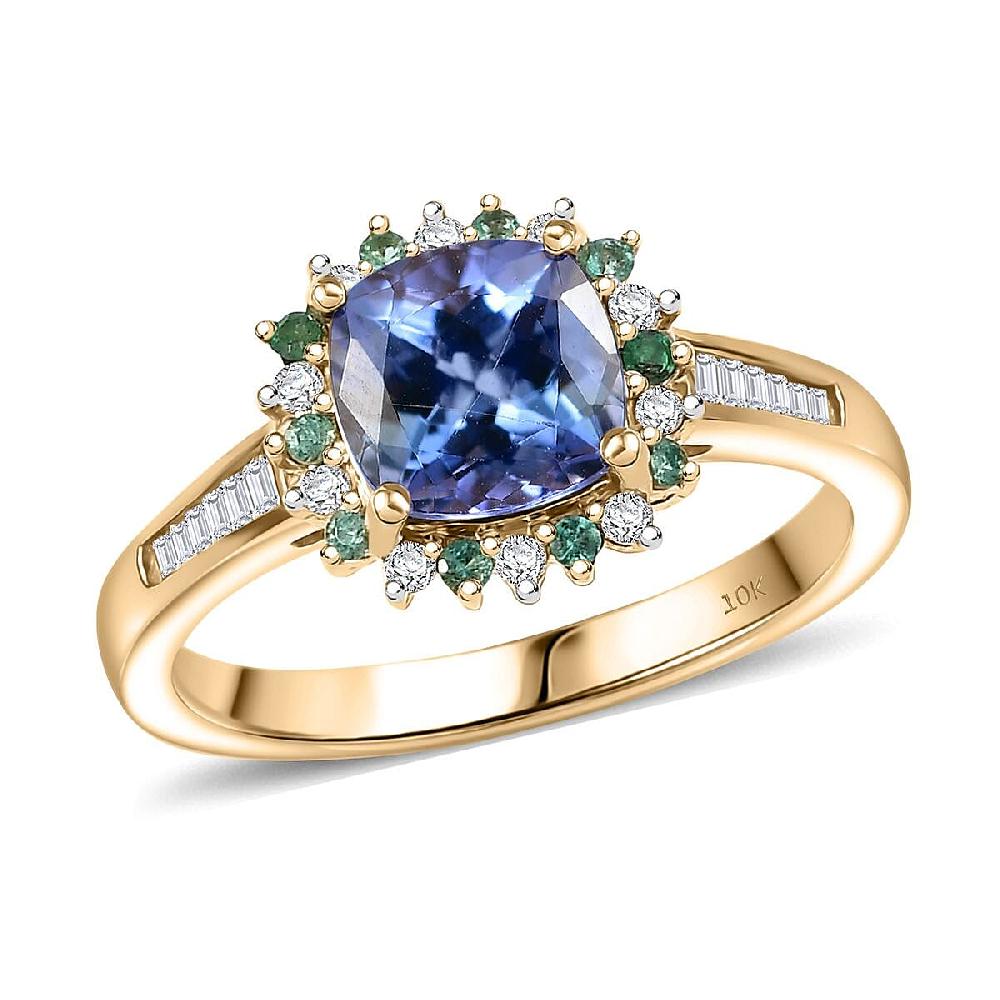 shop lc Luxoro AAA Peacock Tanzanite Boyaca Colombian Emerald and Diamond Sunburst Ring in 10K Yellow Gold 1.90 ctw