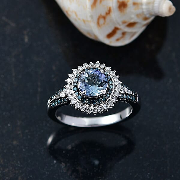 Shop Lc Luxoro AAA Peacock Tanzanite Venice Blue Diamond And White Diamond I2 1.60 Ctw Sunrays Ring In 10K White Gold 4 Grams