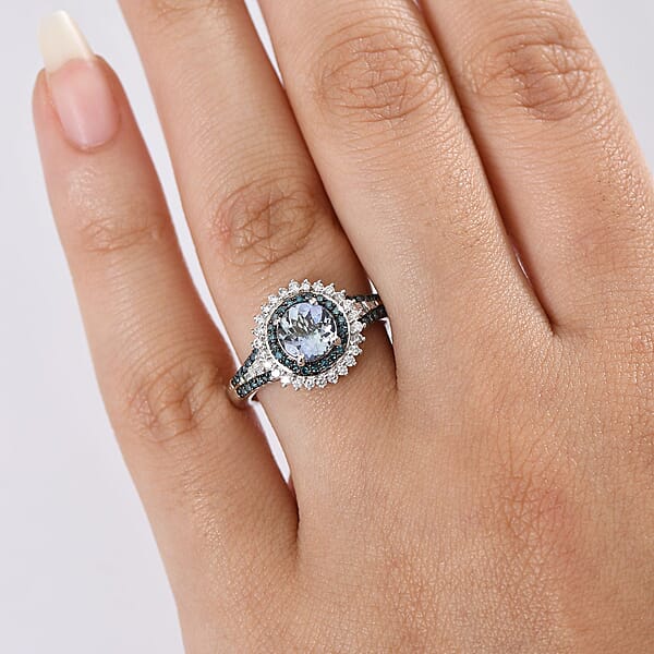 Shop Lc Luxoro AAA Peacock Tanzanite Venice Blue Diamond And White Diamond I2 1.60 Ctw Sunrays Ring In 10K White Gold 4 Grams