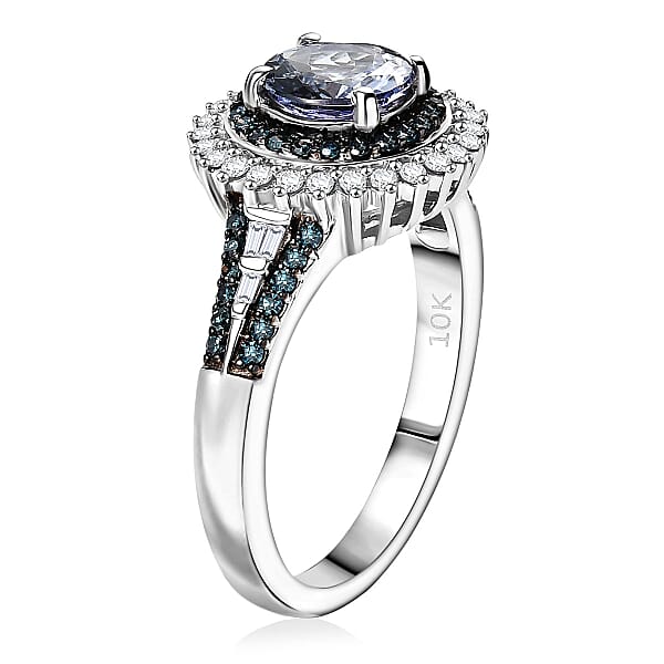 Shop Lc Luxoro AAA Peacock Tanzanite Venice Blue Diamond And White Diamond I2 1.60 Ctw Sunrays Ring In 10K White Gold 4 Grams
