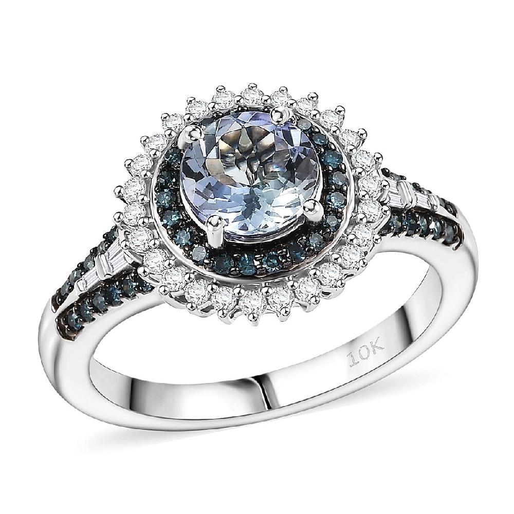 shop lc Luxoro AAA Peacock Tanzanite Venice Blue Diamond and White Diamond I2 1.60 ctw Sunrays Ring in 10K White Gold 4 Grams