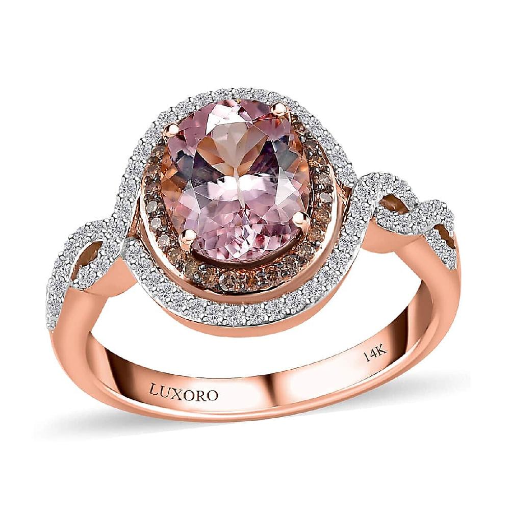 shop lc Luxoro AAA Pink Morganite Natural Champagne and White Diamond Ring in 14K Rose Gold 2.75 ctw