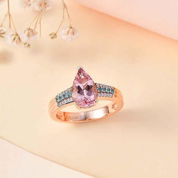 Shop Lc Luxoro AAA Pink Morganite Paraiba Tourmaline And G-H I2 Diamond 2.10 Ctw Ring In 14K Rose Gold 4.25 Grams