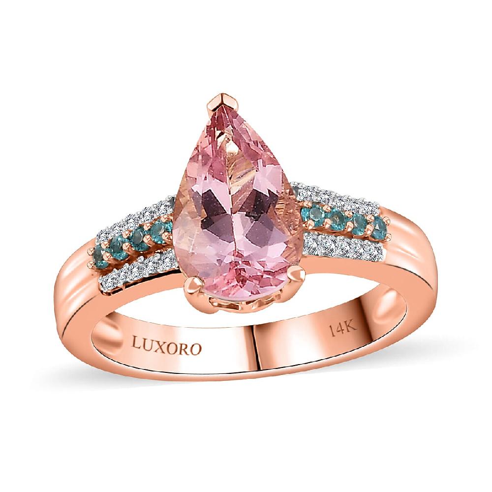 shop lc Luxoro AAA Pink Morganite Paraiba Tourmaline and G-H I2 Diamond 2.10 ctw Ring in 14K Rose Gold 4.25 Grams