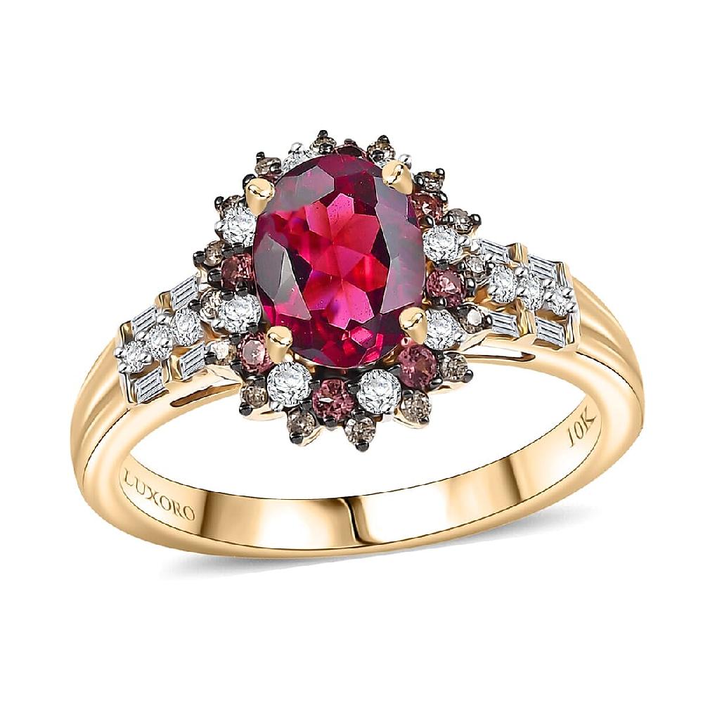 shop lc Luxoro AAA Radiant Ember Garnet Padparadscha Sapphire Natural Champagne and White Diamond I2 2.10 ctw Royal Bloom Ring in 10K Yellow Gold (Size 10.0)