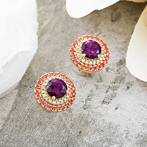 Shop Lc Luxoro AAA Radiant Ember Garnet Padparadscha Sapphire And G-H I2 Diamond 3.60 Ctw Earrings In 10K Yellow Gold