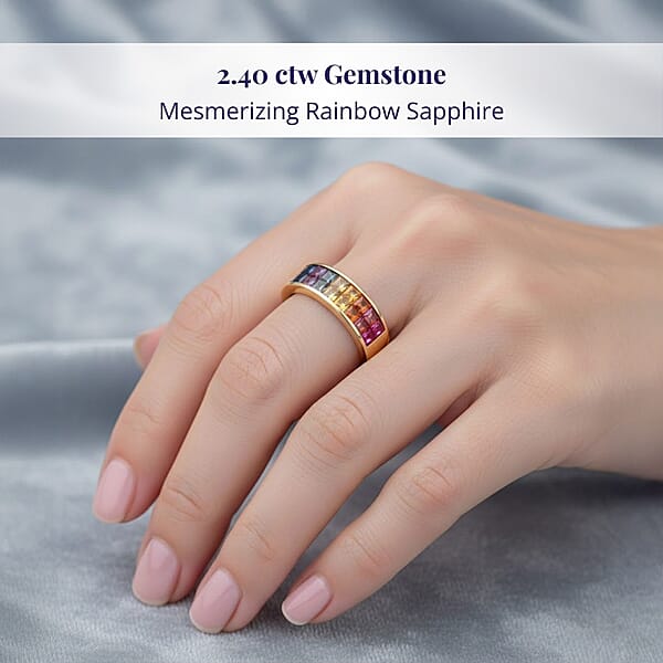 Shop Lc Luxoro AAA Rainbow Sapphire Band Ring In 10K Yellow Gold 2.40 Ctw