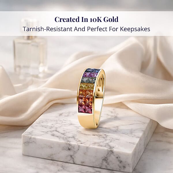 Shop Lc Luxoro AAA Rainbow Sapphire Band Ring In 10K Yellow Gold 2.40 Ctw