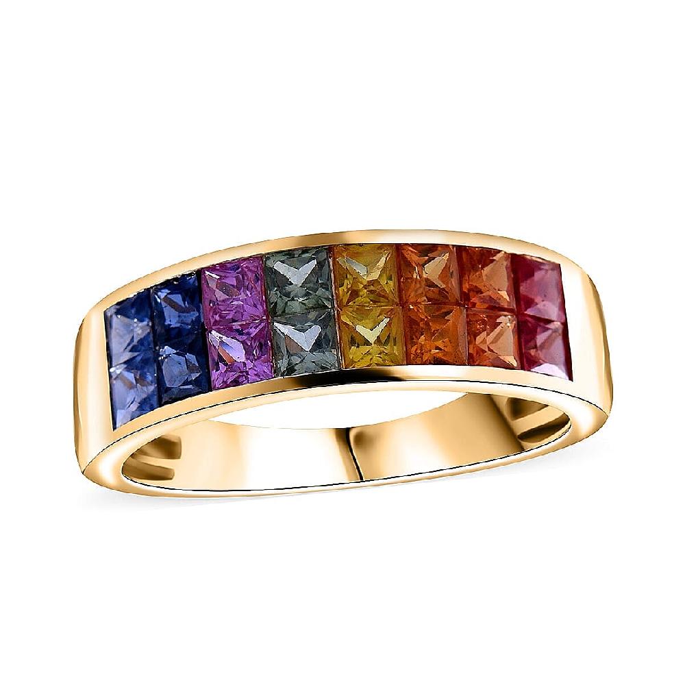 shop lc Luxoro AAA Rainbow Sapphire Band Ring in 10K Yellow Gold 2.40 ctw