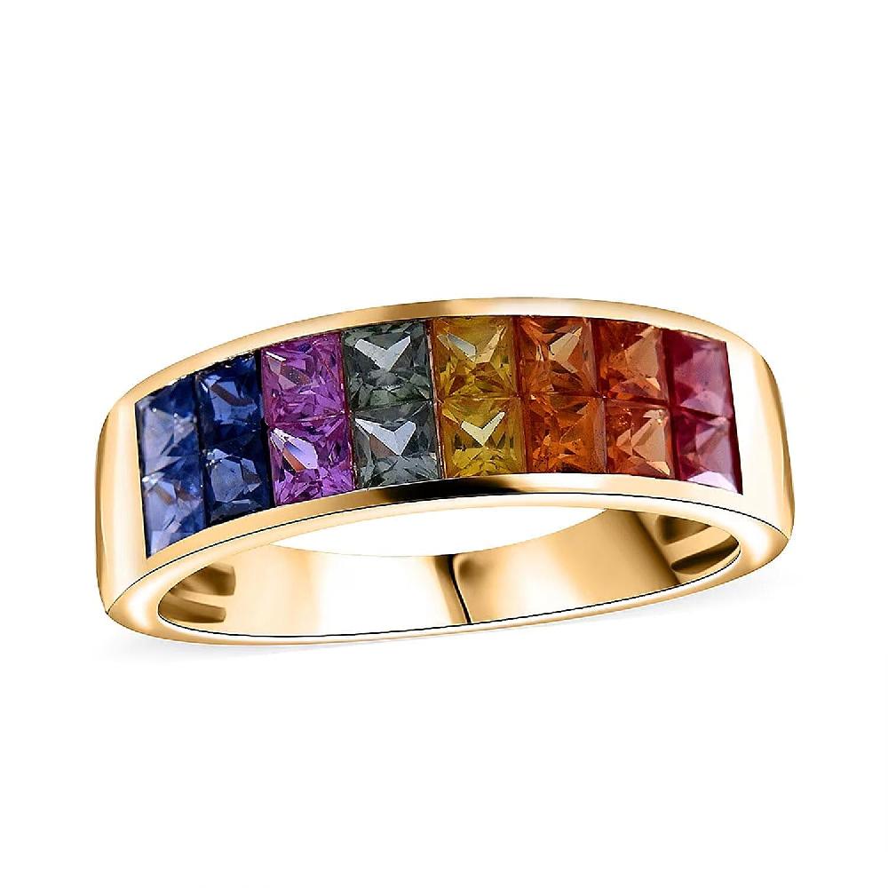 shop lc Luxoro AAA Rainbow Sapphire Band Ring in 10K Yellow Gold 2.40 ctw