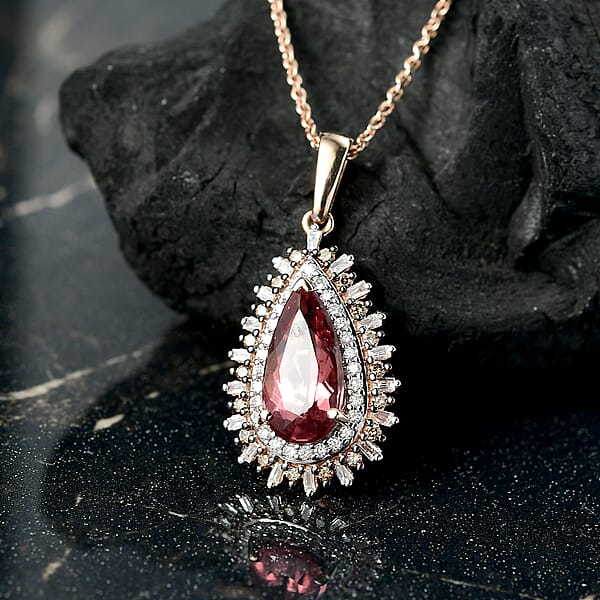 Shop Lc Luxoro AAA Red Apatite Natural Champagne And White Diamond 2.60 Ctw Flare Tiara Pendant Necklace In 10K Rose Gold 20 Inches