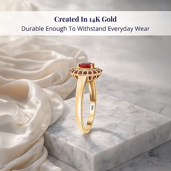 Shop Lc Luxoro AAA Red Sapphire Padparadscha Sapphire (BT) And I2 Diamond 1.20 Ctw Crimson Halo Ring In 10K Yellow Gold