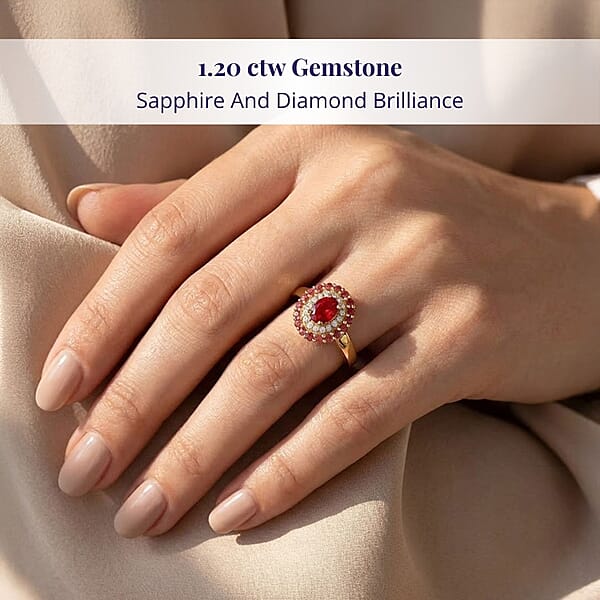 Shop Lc Luxoro AAA Red Sapphire Padparadscha Sapphire (BT) And I2 Diamond 1.20 Ctw Crimson Halo Ring In 10K Yellow Gold