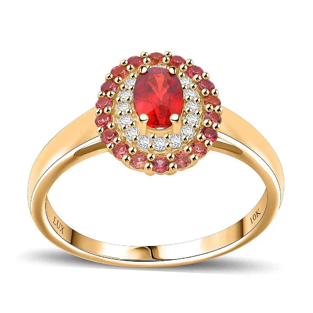 shop lc Luxoro AAA Red Sapphire Padparadscha Sapphire (BT) and I2 Diamond 1.20 ctw Crimson Halo Ring in 10K Yellow Gold