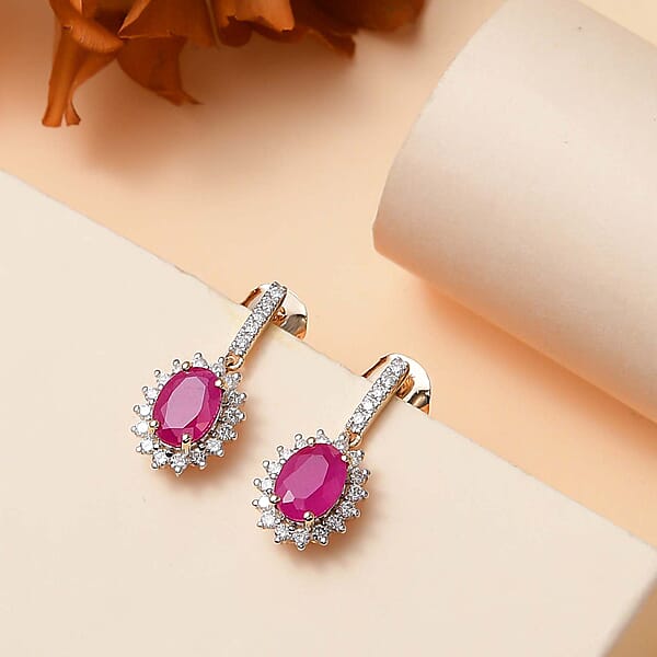 Shop Lc Luxoro AAA Royal Ruby And G-H I2 Diamond 2.60 Ctw Sunburst Earrings In 10K Yellow Gold
