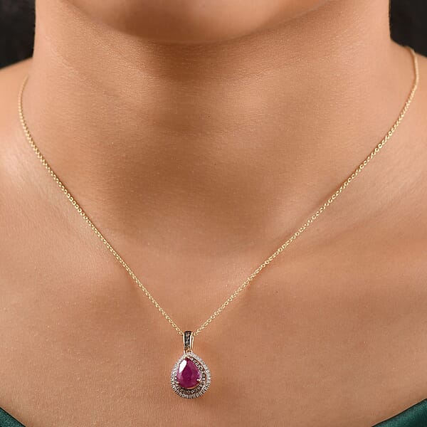 Shop Lc Luxoro AAA Royal Ruby I2 Natural Champagne And White Diamond 2.50 Ctw Dewdrop Pendant Necklace In 10K Yellow Gold 20 Inches