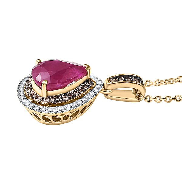 Shop Lc Luxoro AAA Royal Ruby I2 Natural Champagne And White Diamond 2.50 Ctw Dewdrop Pendant Necklace In 10K Yellow Gold 20 Inches