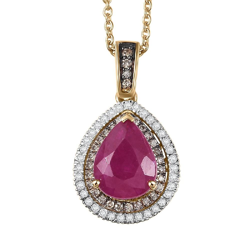 shop lc Luxoro AAA Royal Ruby I2 Natural Champagne and White Diamond 2.50 ctw Dewdrop Pendant Necklace in 10K Yellow Gold 20 Inches