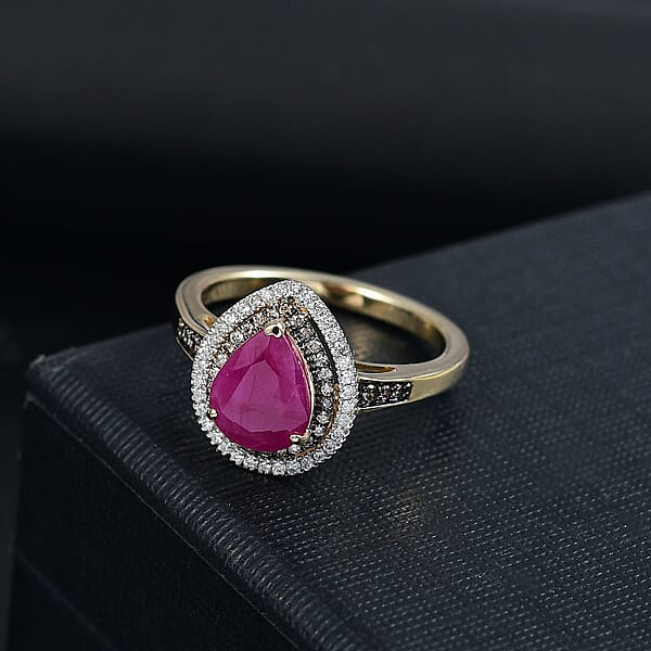 Shop Lc Luxoro AAA Royal Ruby Natural Champagne And White Diamond I2 2.50 Ctw Dewdrop Ring In 10K Yellow Gold