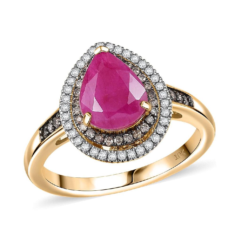 shop lc Luxoro AAA Royal Ruby Natural Champagne and White Diamond I2 2.50 ctw Dewdrop Ring in 10K Yellow Gold
