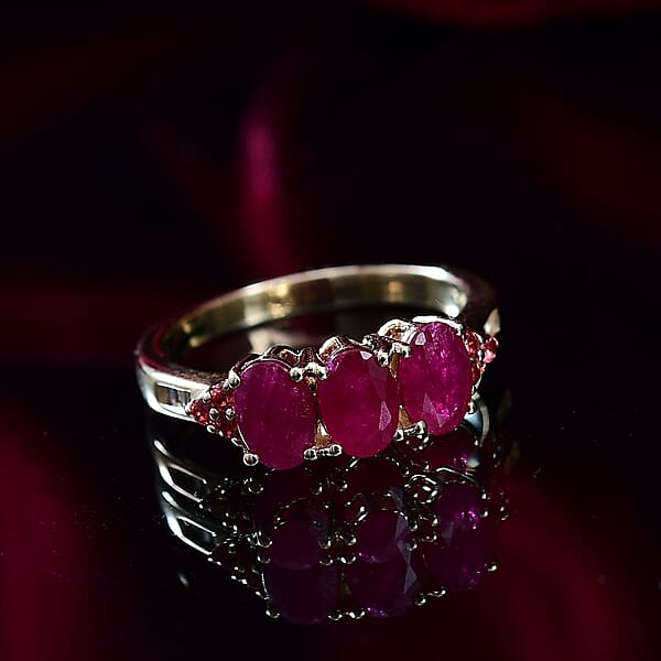 Shop Lc Luxoro AAA Royal Ruby Padparadscha Sapphire And White Diamond I2 2.90 Ctw Art Deco Halo Ring In 10K Yellow Gold