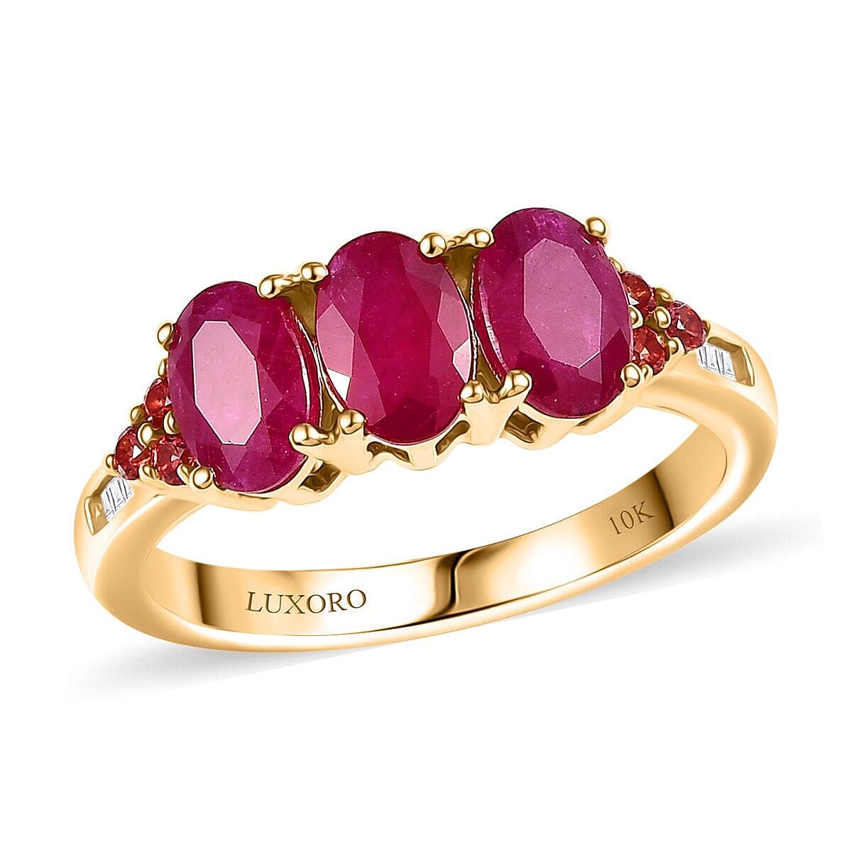 shop lc Luxoro AAA Royal Ruby Padparadscha Sapphire and White Diamond I2 2.90 ctw Art Deco Halo Ring in 10K Yellow Gold