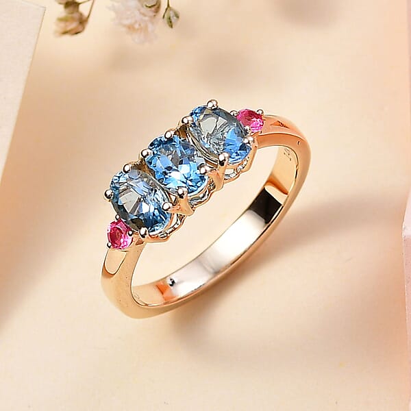 Shop Lc Luxoro AAA Santa Maria Aquamarine And AAA Mahenge Spinel 1.35 Ctw Trilogy Ring In 14K Yellow Gold