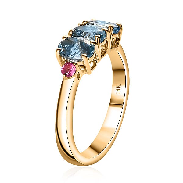 Shop Lc Luxoro AAA Santa Maria Aquamarine And AAA Mahenge Spinel 1.35 Ctw Trilogy Ring In 14K Yellow Gold