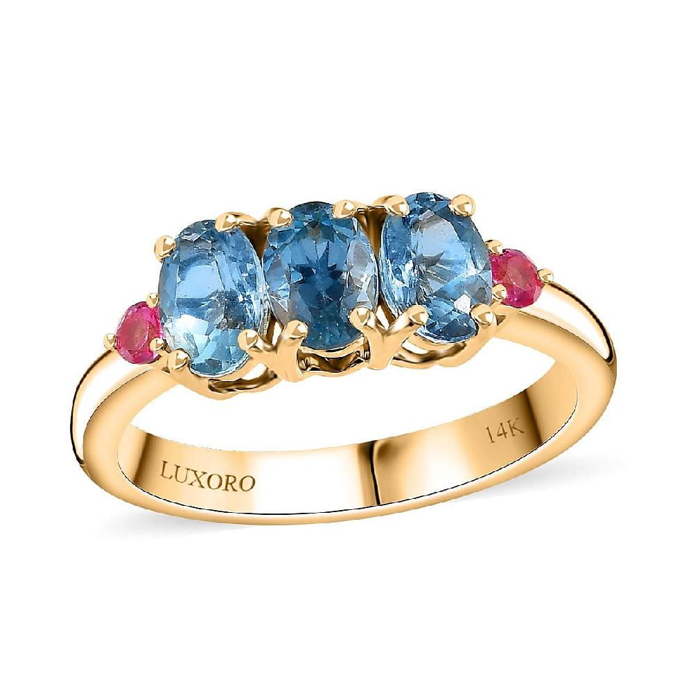 shop lc Luxoro AAA Santa Maria Aquamarine and AAA Mahenge Spinel 1.35 ctw Trilogy Ring in 14K Yellow Gold