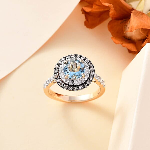 Shop Lc Luxoro AAA Santa Maria Aquamarine Natural Champagne And G-H I2 Diamond 1.85 Ctw Ring In 14K Yellow Gold (Size 10.0)