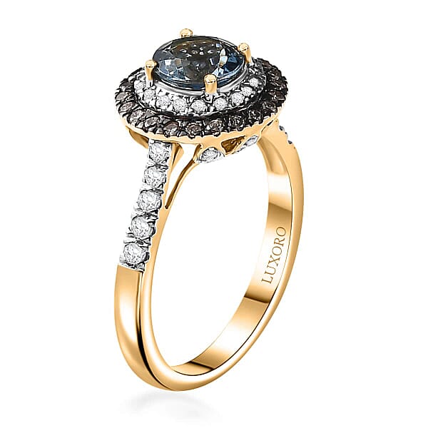 Shop Lc Luxoro AAA Santa Maria Aquamarine Natural Champagne And G-H I2 Diamond 1.85 Ctw Ring In 14K Yellow Gold (Size 10.0)