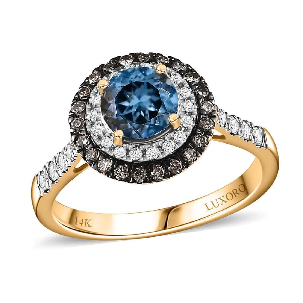 shop lc Luxoro AAA Santa Maria Aquamarine Natural Champagne and G-H I2 Diamond 1.85 ctw Ring in 14K Yellow Gold (Size 8.5)