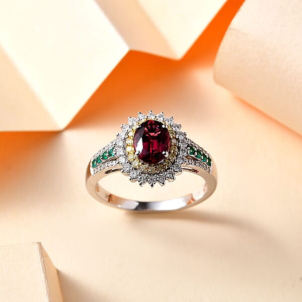 Shop Lc Luxoro AAA Shimoyo Rubellite Boyaca Colombian Emerald I2 Natural Yellow And White Diamond 2.15 Ctw Ring In 14K White Gold 4.15 Grams