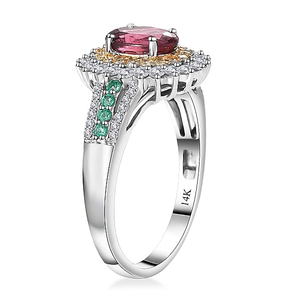 Shop Lc Luxoro AAA Shimoyo Rubellite Boyaca Colombian Emerald I2 Natural Yellow And White Diamond 2.15 Ctw Ring In 14K White Gold 4.15 Grams