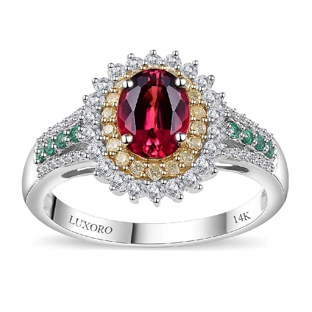 shop lc Luxoro AAA Shimoyo Rubellite Boyaca Colombian Emerald I2 Natural Yellow and White Diamond 2.15 ctw Ring in 14K White Gold 4.15 Grams