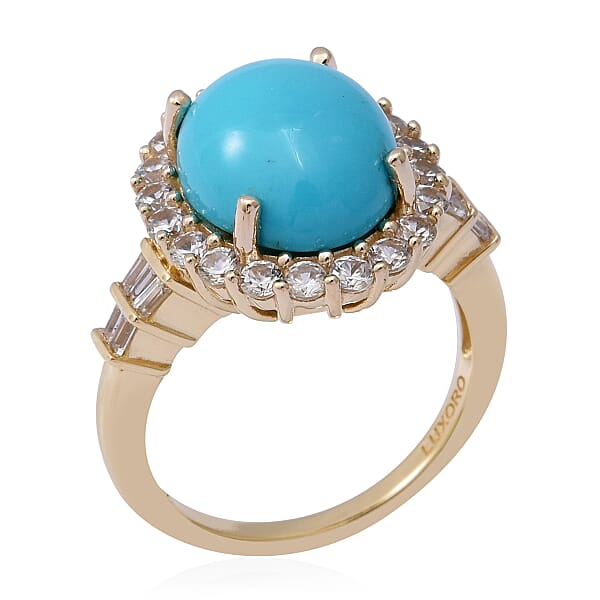 Shop Lc Luxoro AAA Sleeping Beauty Turquoise And White Zircon 5.65 Ctw Halo Ring In 10K Yellow Gold