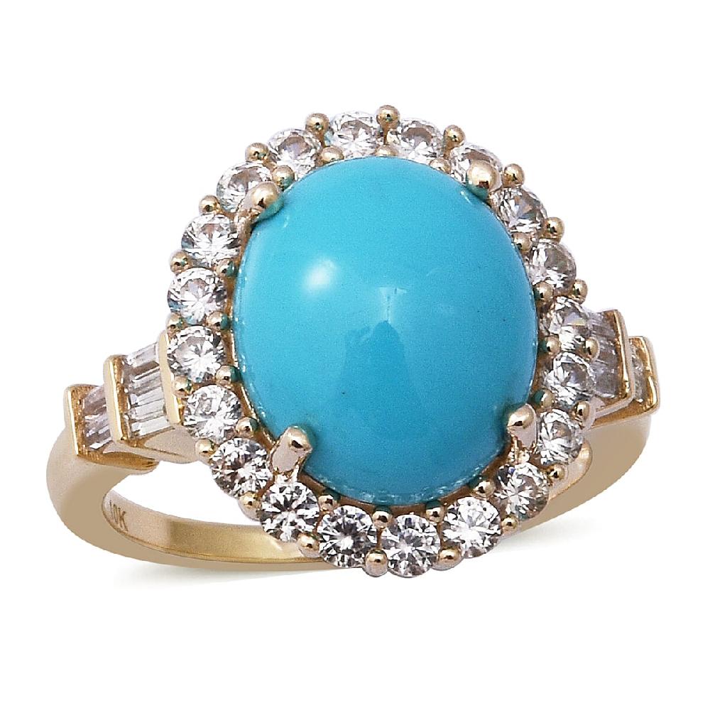 shop lc Luxoro AAA Sleeping Beauty Turquoise and White Zircon 5.65 ctw Halo Ring in 10K Yellow Gold