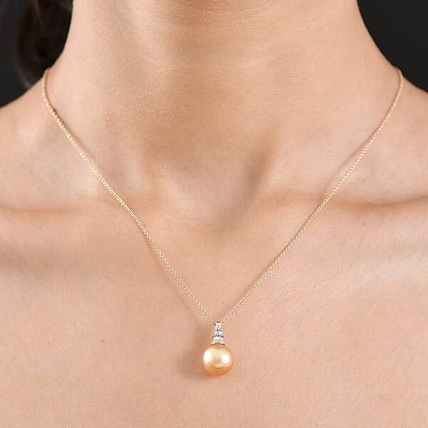 Shop Lc Luxoro AAA South Sea Golden Cultured Pearl And Diamond I2 Signature Pendant Necklace In 10K Yellow Gold 20 Inches