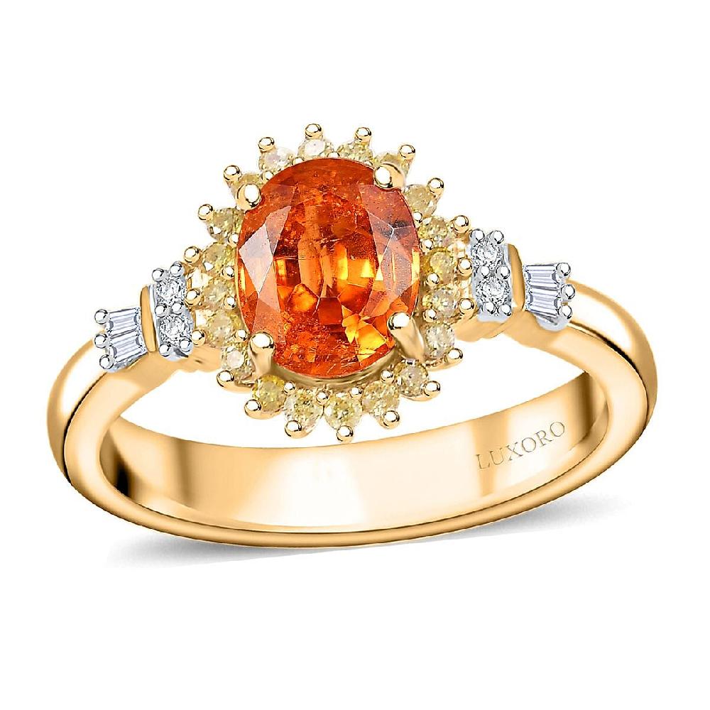 shop lc Luxoro AAA Tanzanian Mandarin Garnet I2 Natural Yellow and White Diamond 1.90 ctw Sunburst Ring in 14K Yellow Gold (Del. in 10-12 Days)