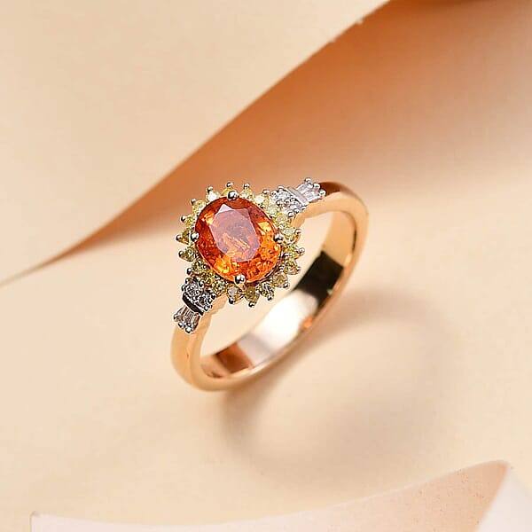 Shop Lc Luxoro AAA Tanzanian Mandarin Garnet Natural Diamond Sunburst Ring In 14K Yellow Gold 1.90 Ctw