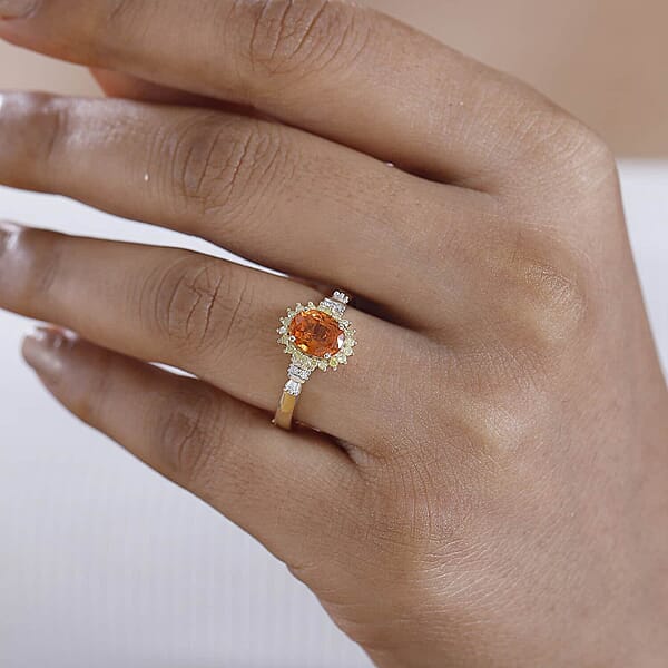 Shop Lc Luxoro AAA Tanzanian Mandarin Garnet Natural Diamond Sunburst Ring In 14K Yellow Gold 1.90 Ctw
