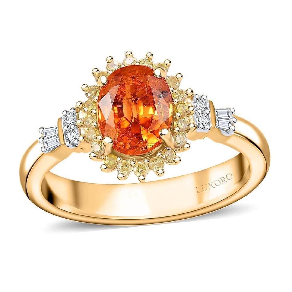 shop lc Luxoro AAA Tanzanian Mandarin Garnet Natural Diamond Sunburst Ring in 14K Yellow Gold 1.90 ctw
