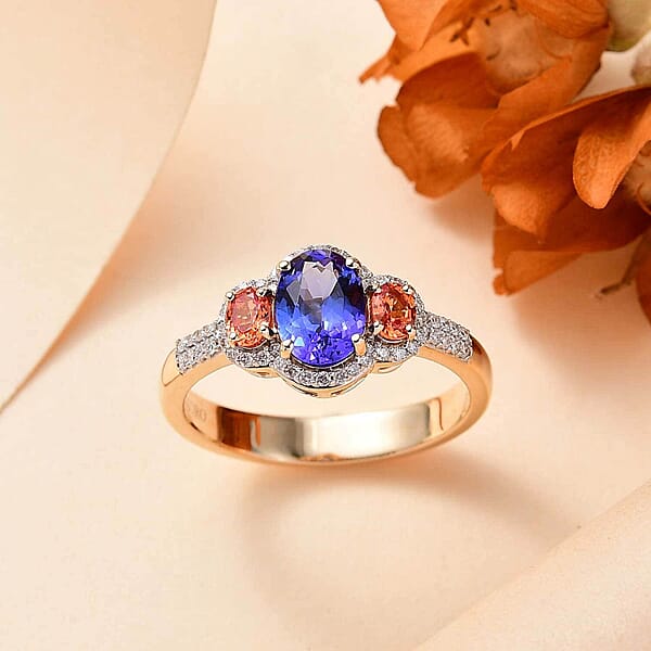 Shop Lc Luxoro AAA Tanzanite And Padparadscha Sapphire (Bery 10.0) G-H I2 Diamond 2.00 Ctw Sunset Serenade Ring In 14K Yellow Gold