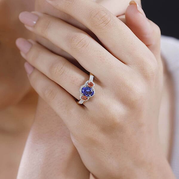 Shop Lc Luxoro AAA Tanzanite And Padparadscha Sapphire (Bery 7.5) G-H I2 Diamond 2.00 Ctw Sunset Serenade Ring In 14K Yellow Gold