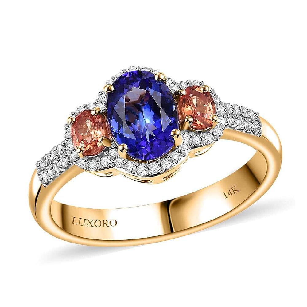shop lc Luxoro AAA Tanzanite and Padparadscha Sapphire (Bery 7.5) G-H I2 Diamond 2.00 ctw Sunset Serenade Ring in 14K Yellow Gold