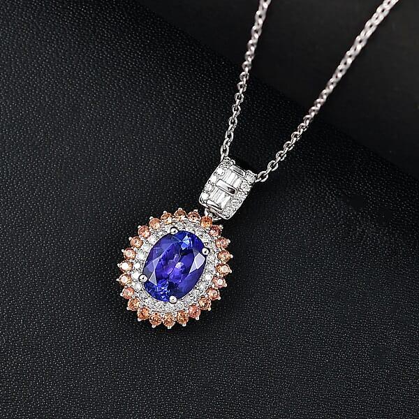 Shop Lc Luxoro AAA Tanzanite Padparadscha Sapphire (BT) And Diamond 2.50 Ctw Double Halo Pendant Necklace In 10K White Gold 20 Inches
