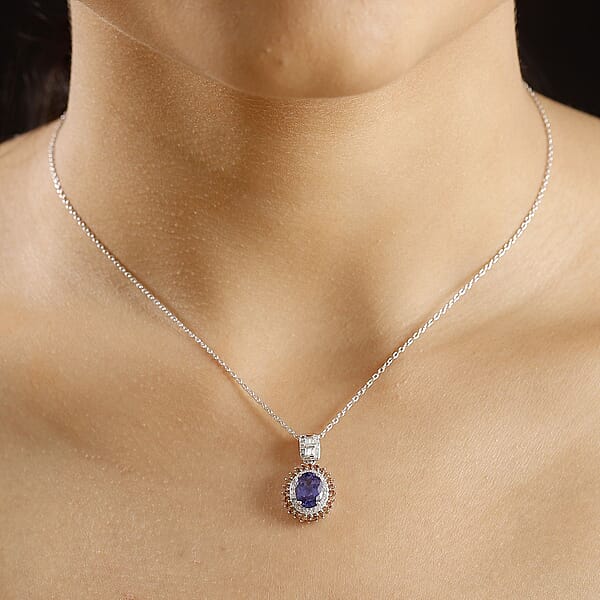 Shop Lc Luxoro AAA Tanzanite Padparadscha Sapphire (BT) And Diamond 2.50 Ctw Double Halo Pendant Necklace In 10K White Gold 20 Inches